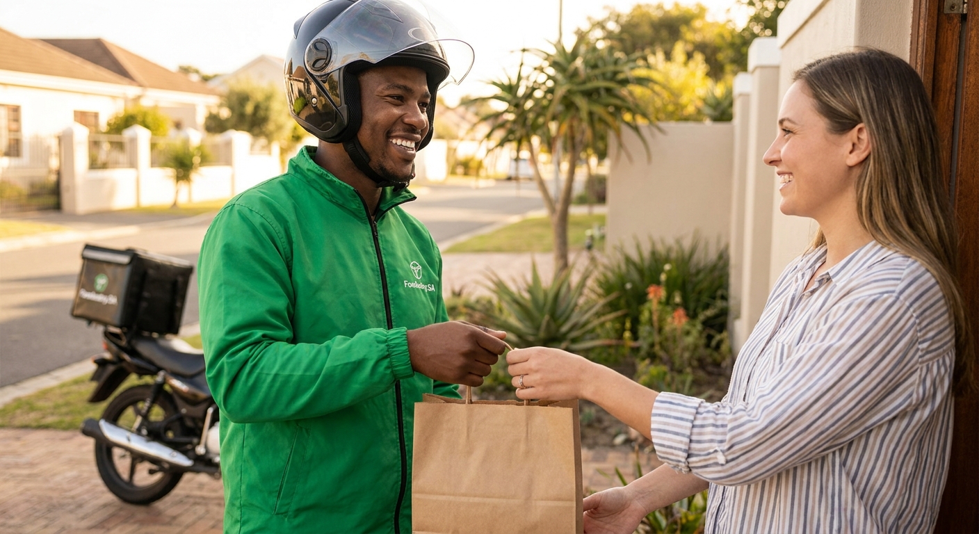 Foodustry delivery driver handing an order to a happy customer